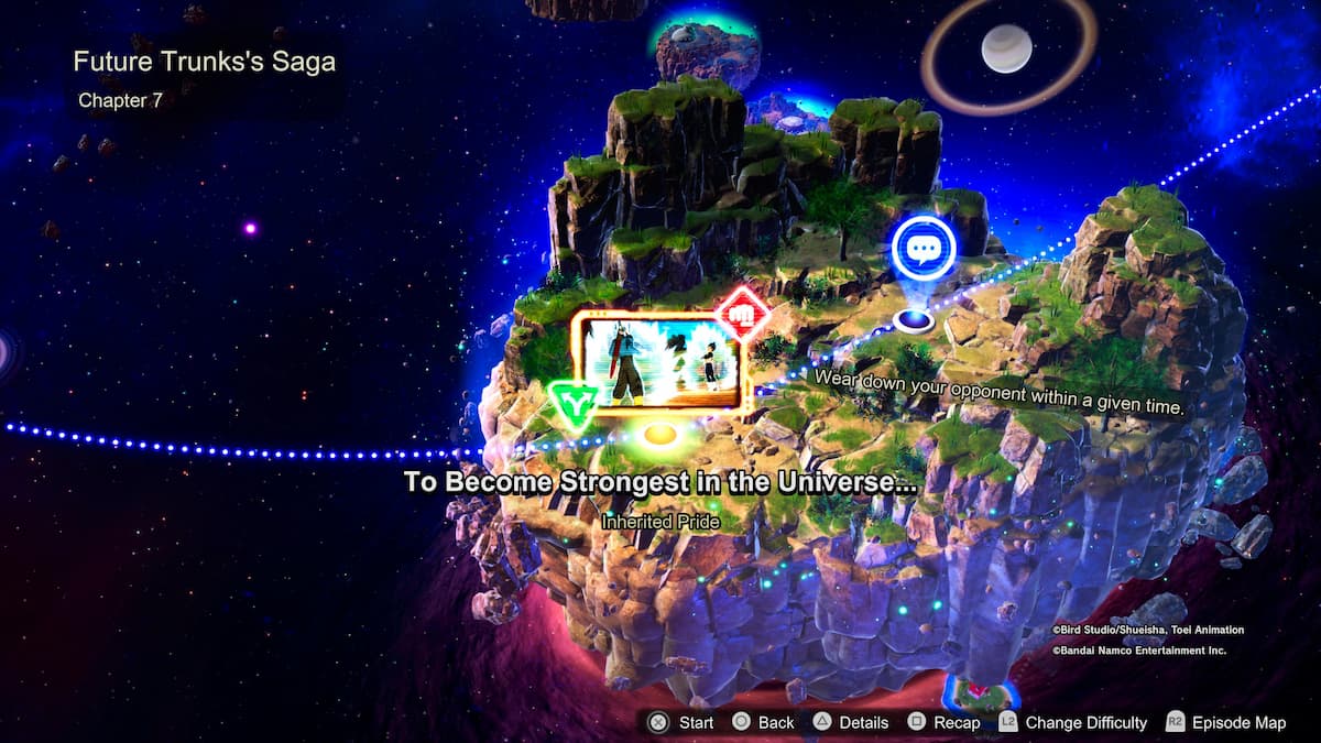 1729532124 685 Comment debloquer toutes les chronologies ramifiees des futures batailles depisodes Carte en jeu de Future Trunks’s Saga, Chapitre 7, intitulée "Pour devenir le plus fort de l’univers...," avec des objectifs tels que "Épuisez votre adversaire dans un temps imparti." Le terrain présente des formations en forme de falaise.