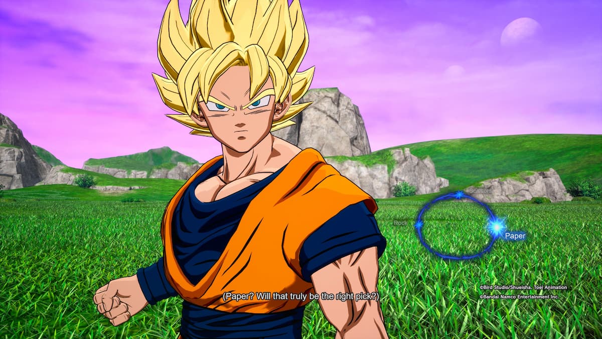 1729533441 921 Comment debloquer toutes les chronologies alternatives des batailles depisodes de Goku en forme Super Saiyan debout sur un terrain herbeux avec une expression confiante. L’objectif de la mission implique un jeu de pierre-papier-ciseaux, avec « Papier » mis en évidence.