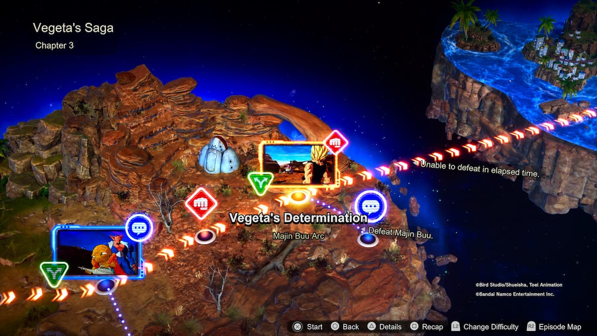 1729533441 944 Comment debloquer toutes les chronologies alternatives des batailles depisodes de Une vue cartographique de la saga Vegeta, chapitre 3, avec le "La détermination de Vegeta" se déroulant dans l’arc Majin Buu. L’objectif est de vaincre Majin Buu, le terrain comportant des zones rocheuses.