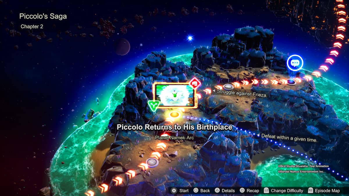 1729534760 163 Comment debloquer toutes les chronologies ramifiees des batailles depisodes de Vue d’un paysage rocheux et d’une mer extraterrestre, avec la scène en surbrillance montrant Piccolo se téléportant sur la planète Namek.