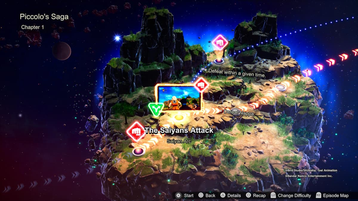 1729534760 463 Comment debloquer toutes les chronologies ramifiees des batailles depisodes de Terrain accidenté avec divers chemins éclairés, avec une scène mettant en vedette Krillin se battant devant un paysage rocheux.