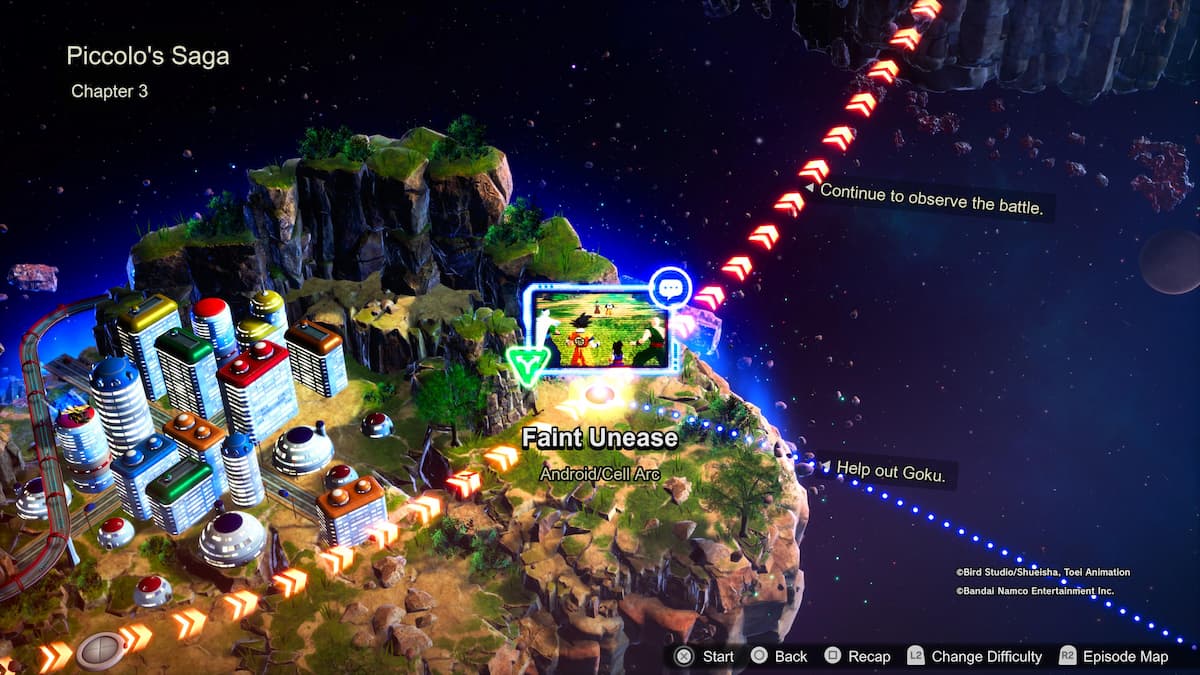 1729534760 598 Comment debloquer toutes les chronologies ramifiees des batailles depisodes de Vue d’ensemble d’une zone urbaine avec des gratte-ciel, menant à une scène en surbrillance montrant Goku, Piccolo et d’autres personnages dans un champ.