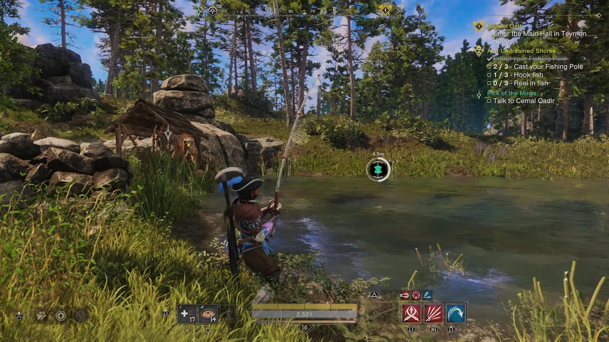 1729710146 791 Comment obtenir tous les outils dartisanat dans New World Aeternum Le personnage du joueur pêche au bord d’un étang, entouré d’une forêt avec une cabane rustique à proximité. Une invite de pêche et diverses quêtes actives sont affichées.