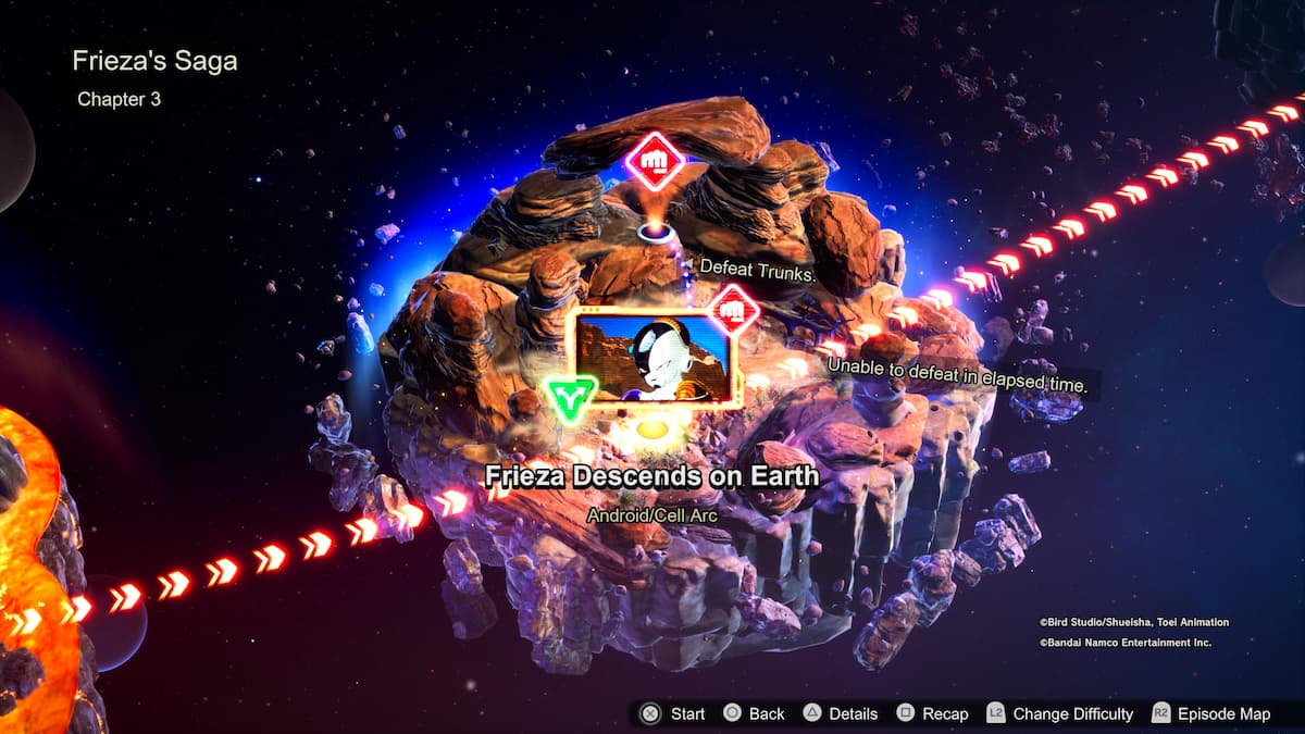 1729714188 741 Comment debloquer toutes les chronologies ramifiees des batailles depisodes de Une carte de l’épisode de Dragon Ball Sparking Zero, montrant la saga de Freezer, chapitre 3 intitulé "Freezer descend sur terre" dans l’arc Android/Cell. L’image montre Freezer et plusieurs chemins à explorer, avec des nœuds en surbrillance indiquant les objectifs de bataille.