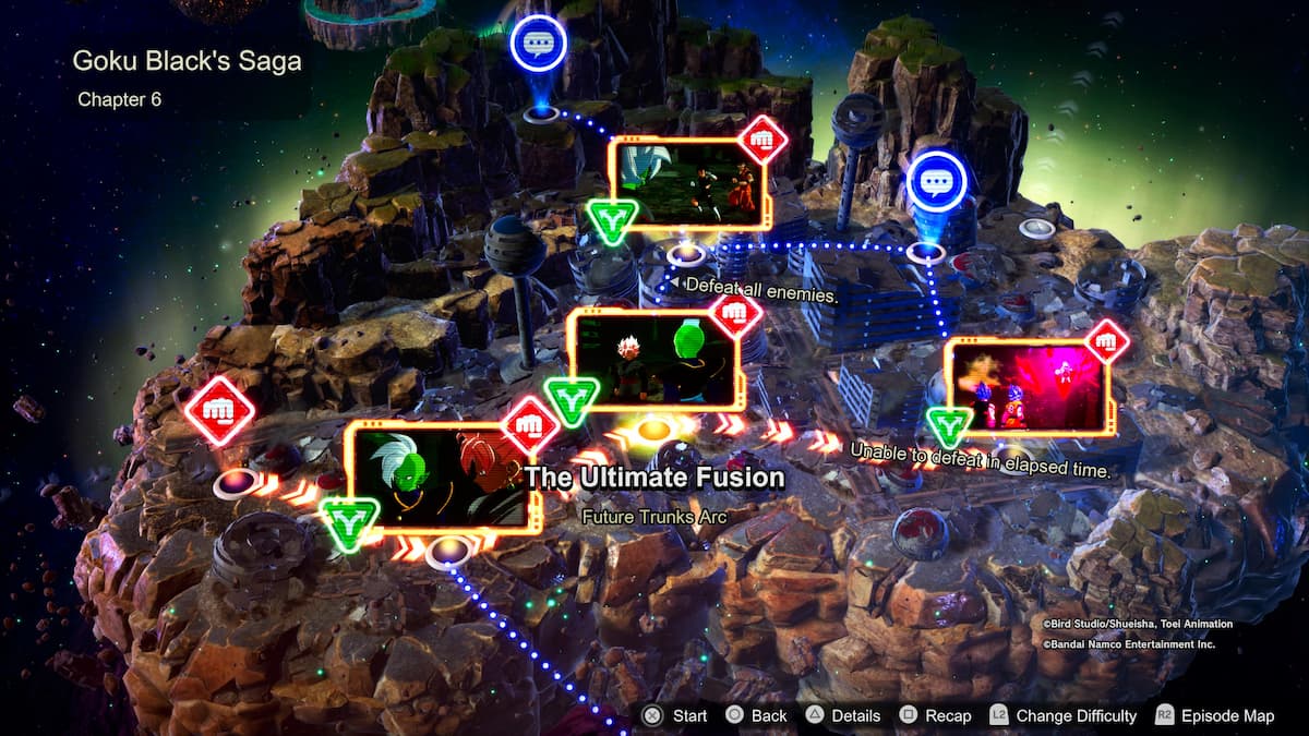 1729717530 51 Comment debloquer toutes les chronologies ramifiees des batailles depisodes de Goku Black’s Saga, Chapitre 6 carte intitulée "La fusion ultime." La section en surbrillance montre Goku Black et Zamasu. De multiples chemins avec des missions sont visibles, avec des objectifs pour vaincre les ennemis et des défis supplémentaires.