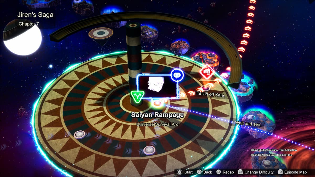 1729869980 295 Comment debloquer toutes les chronologies ramifiees des batailles depisodes de Carte de la saga de Jiren, chapitre 7 de Dragon Ball Sparking Zéro, avec un épisode nommé "Saiyan Rampage" mis en évidence, montrant Jiren comme le personnage central. Les objectifs comprennent l’achèvement de Kale et l’attente de voir le résultat.