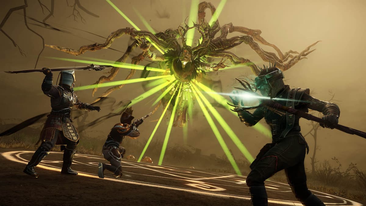 1730137641 576 New World Aeternum – Guide de levenement Nuit sacree Trois joueurs se battent contre Baalphazu, le boss de l’événement Nightveil Hallow, en utilisant des armes magiques tandis qu’une grande entité ressemblant à une plante émet une énergie verte brillante.