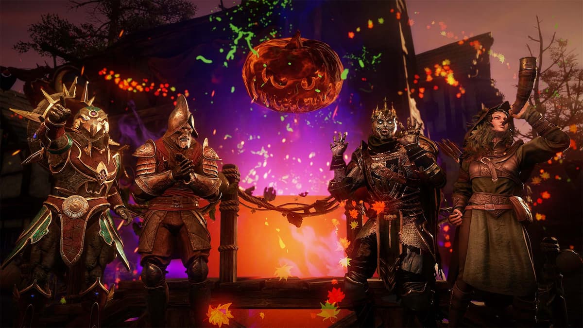 1730137643 144 New World Aeternum – Guide de levenement Nuit sacree Quatre joueurs en costumes sur le thème d’Halloween, dont le capitaine Thorpe, Adiana, ser Gauvain et un Saccageur ananubien, se tenant devant une citrouille lumineuse lors de l’événement Nightveil Hallow à Aeternum.