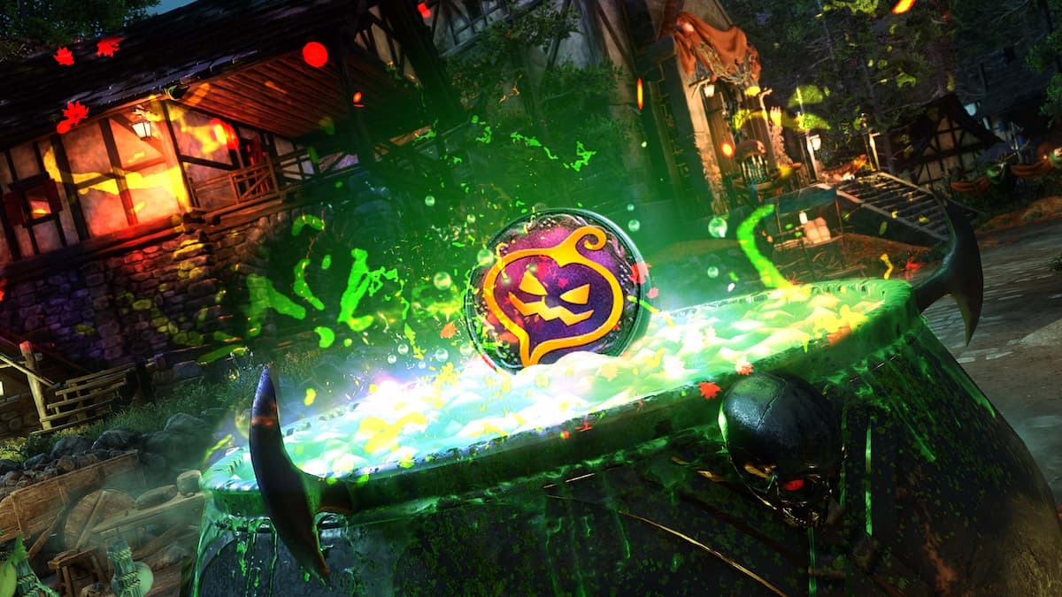 1730137644 926 New World Aeternum – Guide de levenement Nuit sacree Gros plan du chaudron avec un liquide vert brillant et un jeton Nightveil flottant au-dessus, entouré d’éclaboussures vibrantes et d’un décor festif lors de l’événement Nightveil Hallow.