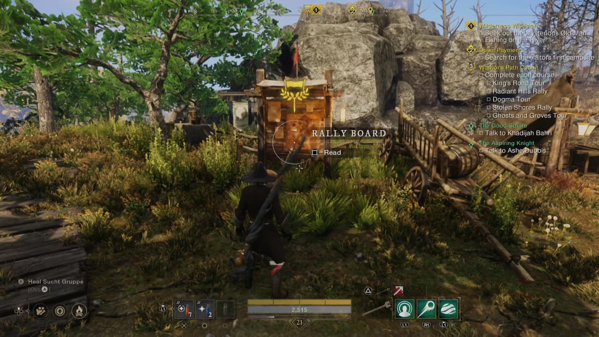 1730323116 992 New World Aeternum – Guide de deverrouillage et de mise Joueur debout devant le plateau de rallye des Collines Radieuses, interagissant pour lire des informations sur le rallye dans New World Aeternum.