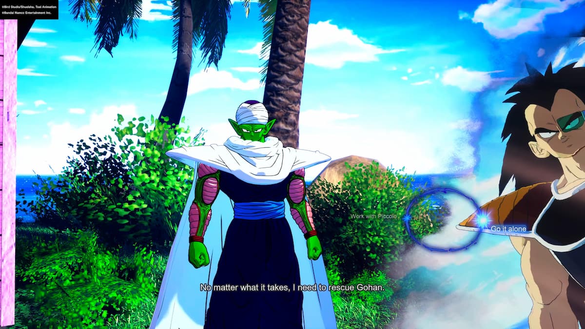 Comment debloquer toutes les chronologies alternatives des batailles depisodes de Piccolo debout résolument, avec le personnage Raditz sur le côté droit. Le message Travailler avec Piccolo s’affiche.