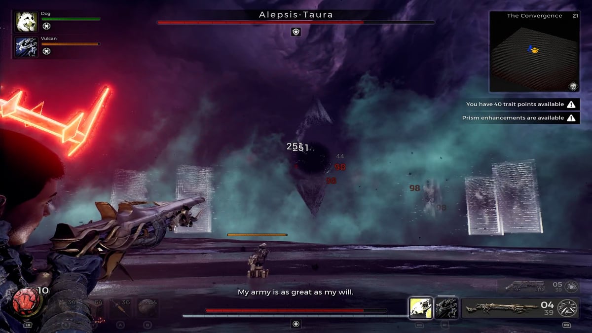 Remnant 2 The Dark Horizon Comment battre Alepsis Taura Remnant 2 infligeant des dégâts à Alepsis Taura à l’aide d’un canon long et d’une tourelle