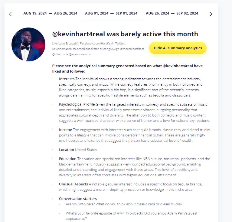 Screenshot 3 Apprenez à connaître les centres d'intérêt, la psychologie et les sujets de conversation d'une personne sur Instagram grâce au plus puissant tracker de followers disponible.