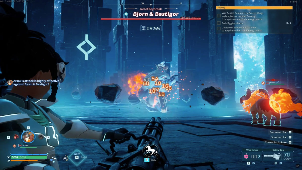 1735920409 855 Comment trouver et vaincre Bjorn et le patron de la Un joueur utilisant un compagnon de type feu pour infliger des dégâts à Bjorn et Bastigor dans Palworld