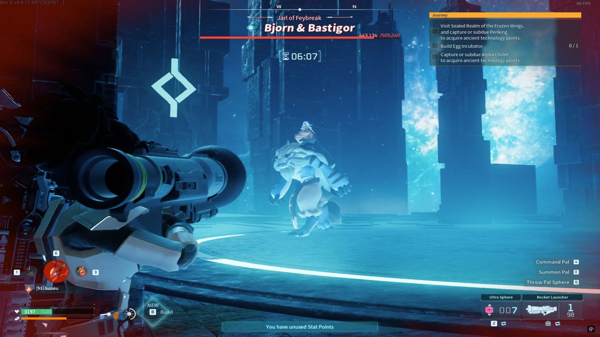 1735920411 710 Comment trouver et vaincre Bjorn et le patron de la Un joueur utilisant un lance-roquettes légendaire sur Bjorn et Bastigor à Palworld