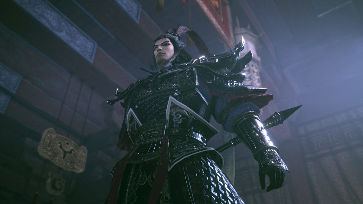 1736866441 119 Tous les compagnons et comment changer de personnage dans Dynasty L’image de Dynasty Warriors Lu Bu a été prise d’en bas avec lui tenant sa lance et son armure.