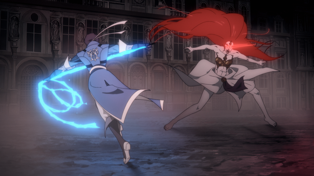 Edward Bluemel dans le rôle de Richter Belmont et Franka Potente dans le rôle d’Erzsebet Bathory dans Castlevania : Nocturne