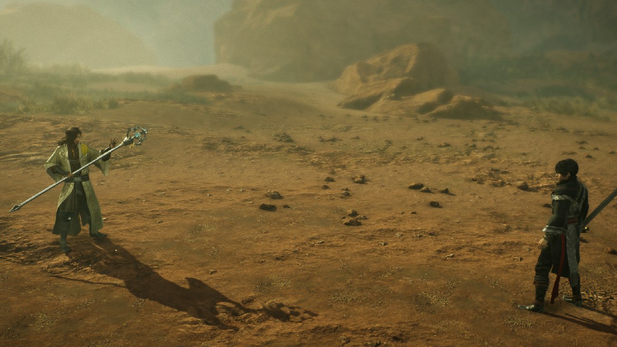 Comment vaincre Zhang Jiao dans Dynasty Warriors Origins Dynasty Warriors Origins Zhang Jiao face à un protagoniste dans un champ désertique