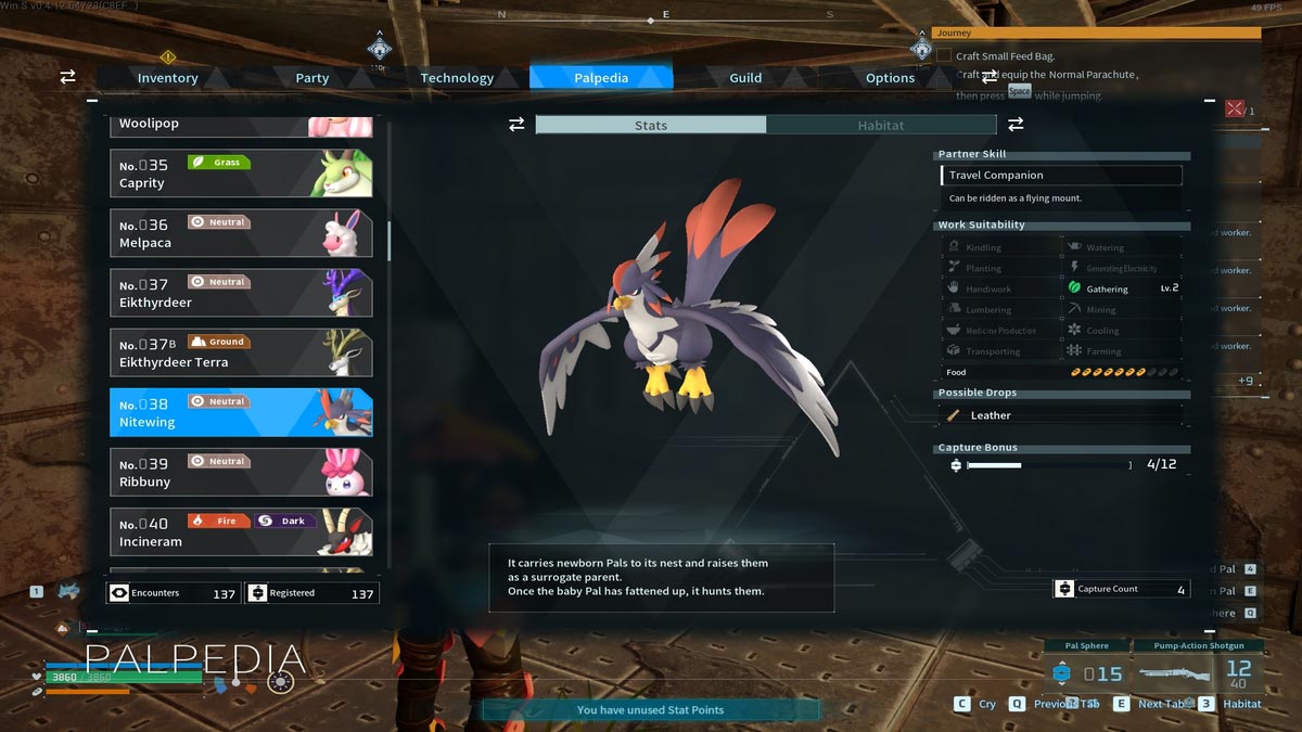 Palworld 12 montures volantes les plus rapides a avoir Statistiques de Nitewing à Palworld