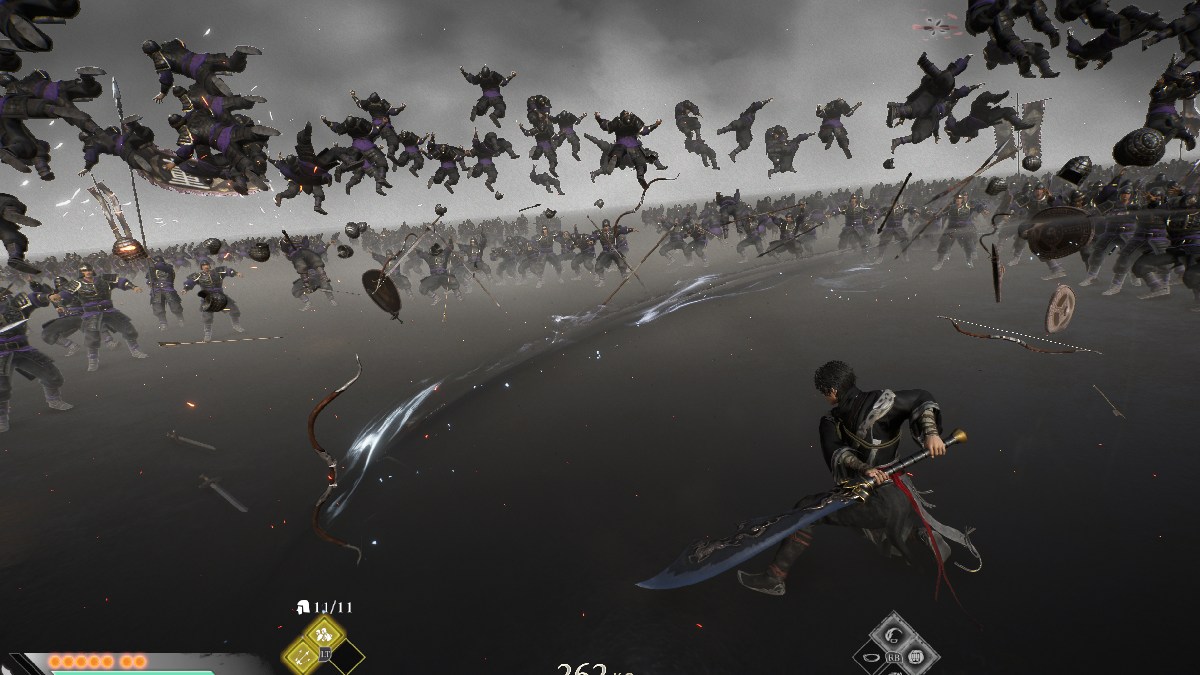 Toutes les capacites et ultimes de Musou dans Dynasty Warriors Dynasty Warriors Origins musou attaque avec l’arme Padao envoyant des dizaines d’ennemis voler