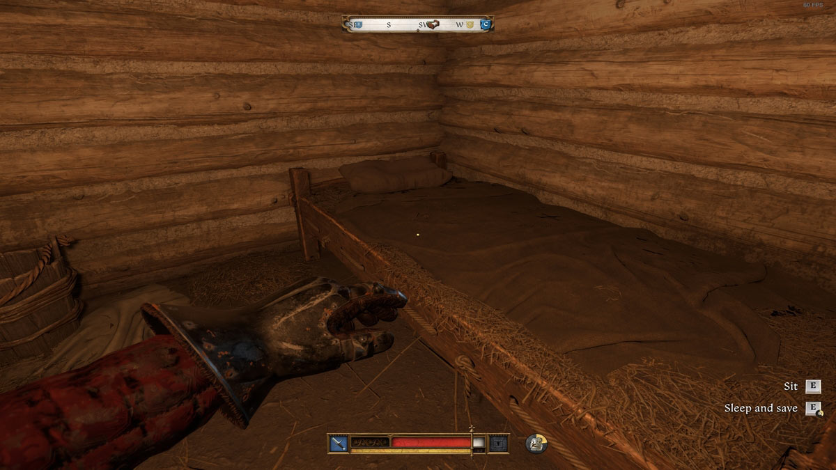 1738818673 397 Ou se trouve le coffre de stockage dobjets dans Kingdom Un joueur près d’un lit pour dormir et sauvegarder le jeu dans Kingdom Come Deliverance 2