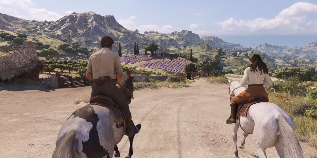 enzo rides on horseback through the sicilian countryside alongside isabela enzo rides on horseback through the sicilian countryside alongside isabela