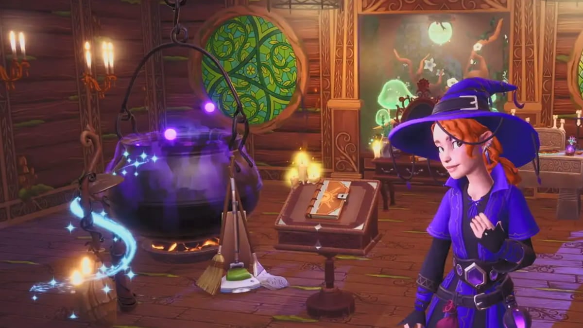 1758887388 946 Compte a rebours de la mise a jour de Disney Une sorcière près d’un chaudron et de quelques balais dans la Disney Dreamlight Valley