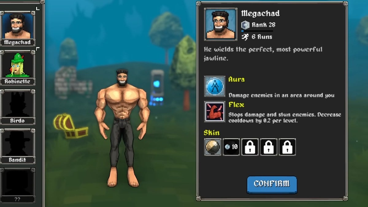 Meilleure construction de Megachad a Megabonk Megabonk megachad écran de sélection de personnage