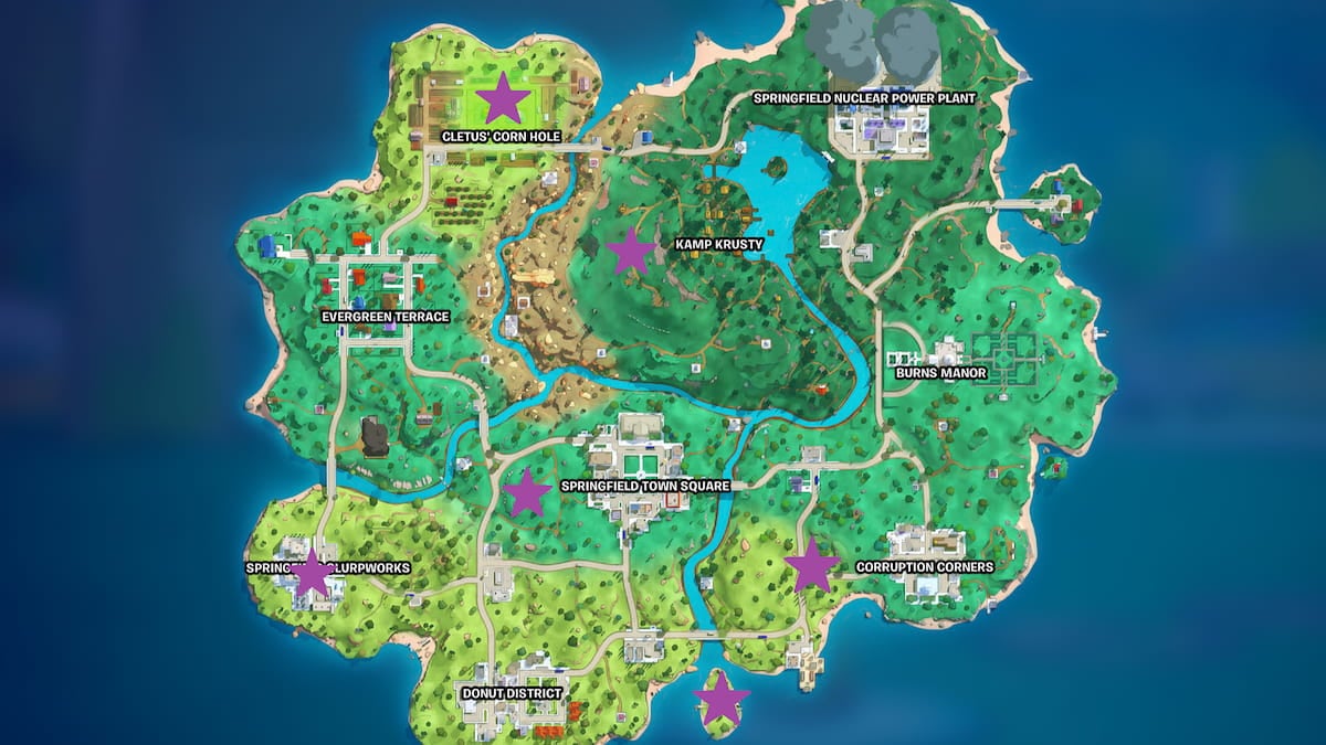 1762171935 413 Tous les emplacements des boss Fortnite dans la saison des Taches de la carte Krusty Boss marquées dans Fortnite Simpsons
