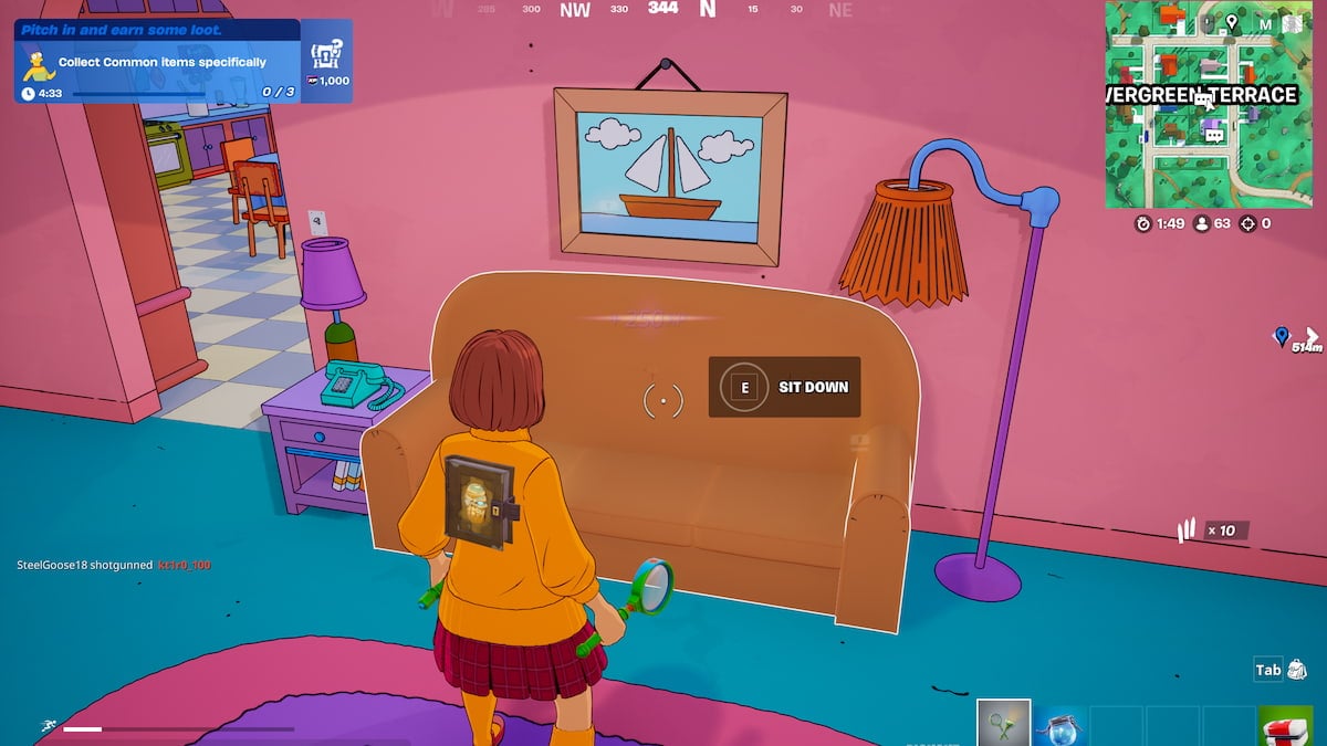 Comment sasseoir sur le canape des Simpson dans Fortnite S’asseoir sur le canapé Option affichée dans Fortnite