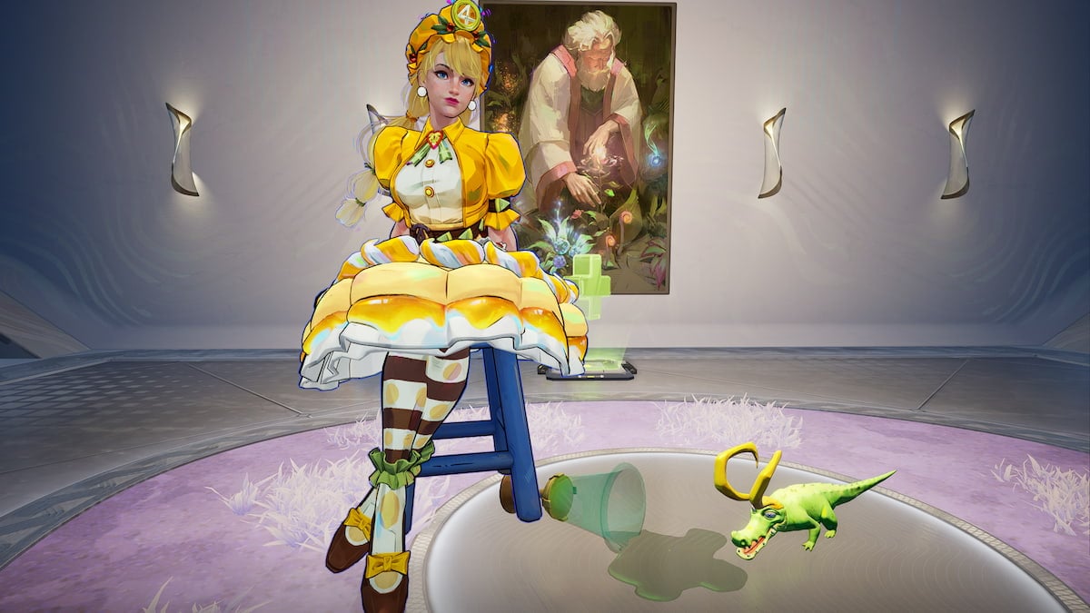 Femme Invisible assise à côté de Loki alligator dans Marvel Rivals