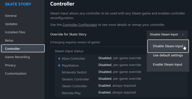 Skate Story Controles complets pour manette et clavier Skate Story Controles complets pour manette et clavier