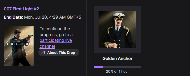 Comment obtenir les premiers drops Twitch de la 007 Light 007 Premiers coups de léger Twitch Progressent