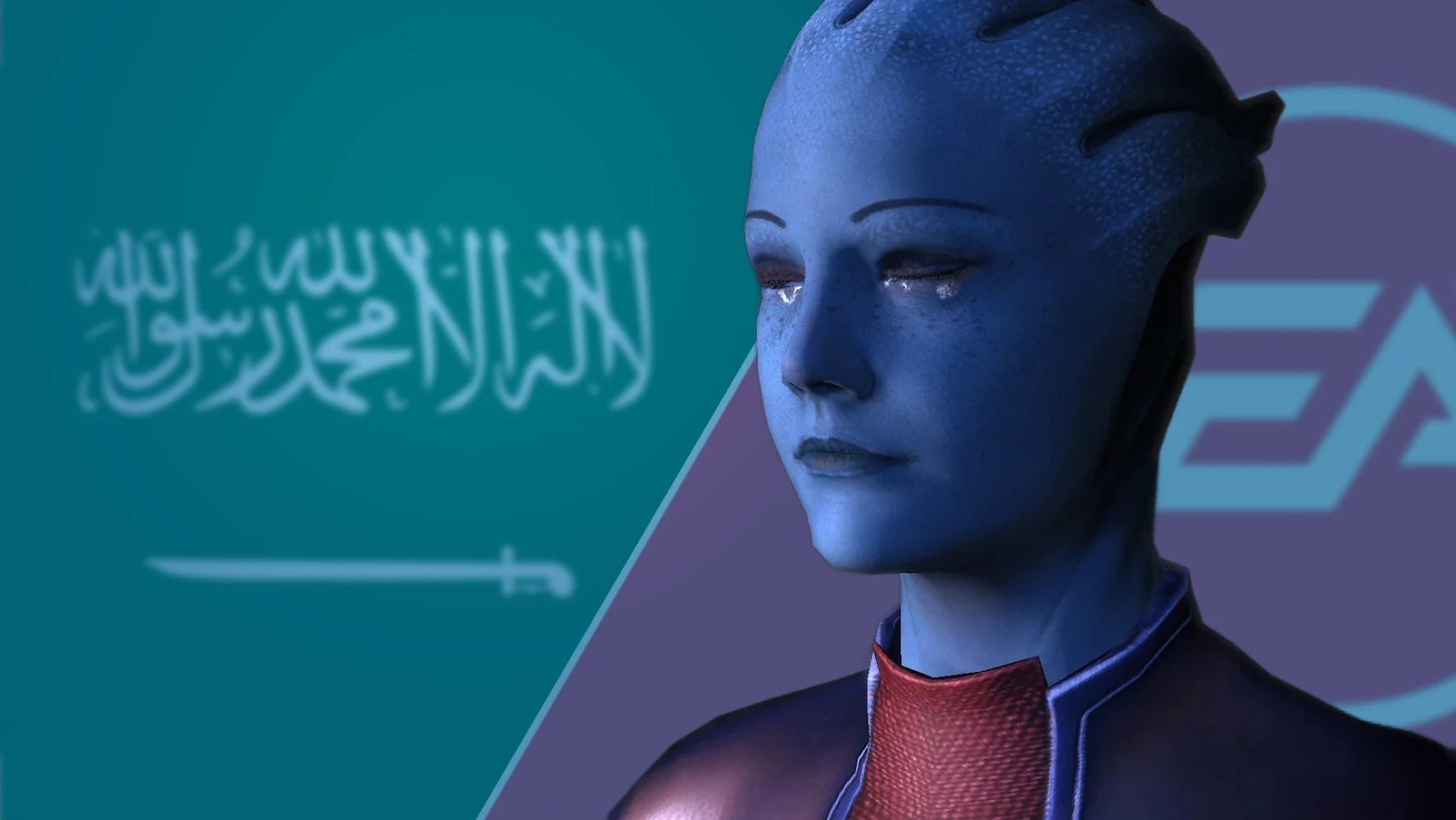 ea ferme bioware annule mass effect 5 img1 Custom header showing a blue Mass Effect character in the foreground, with EA logo and Saudi Arabia flag in the background.